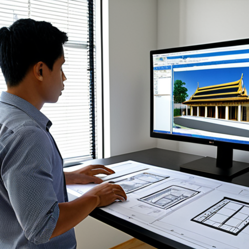 **

"Modern architectural office interior, Thai architect reviewing BIM model (Revit or ArchiCAD) of a building on a large monitor, construction blueprints and cost estimation software (CostX or Bluebeam Revu) visible in the background, natural light, professional atmosphere."

**
