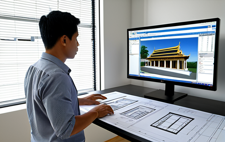 **

"Modern architectural office interior, Thai architect reviewing BIM model (Revit or ArchiCAD) of a building on a large monitor, construction blueprints and cost estimation software (CostX or Bluebeam Revu) visible in the background, natural light, professional atmosphere."

**
