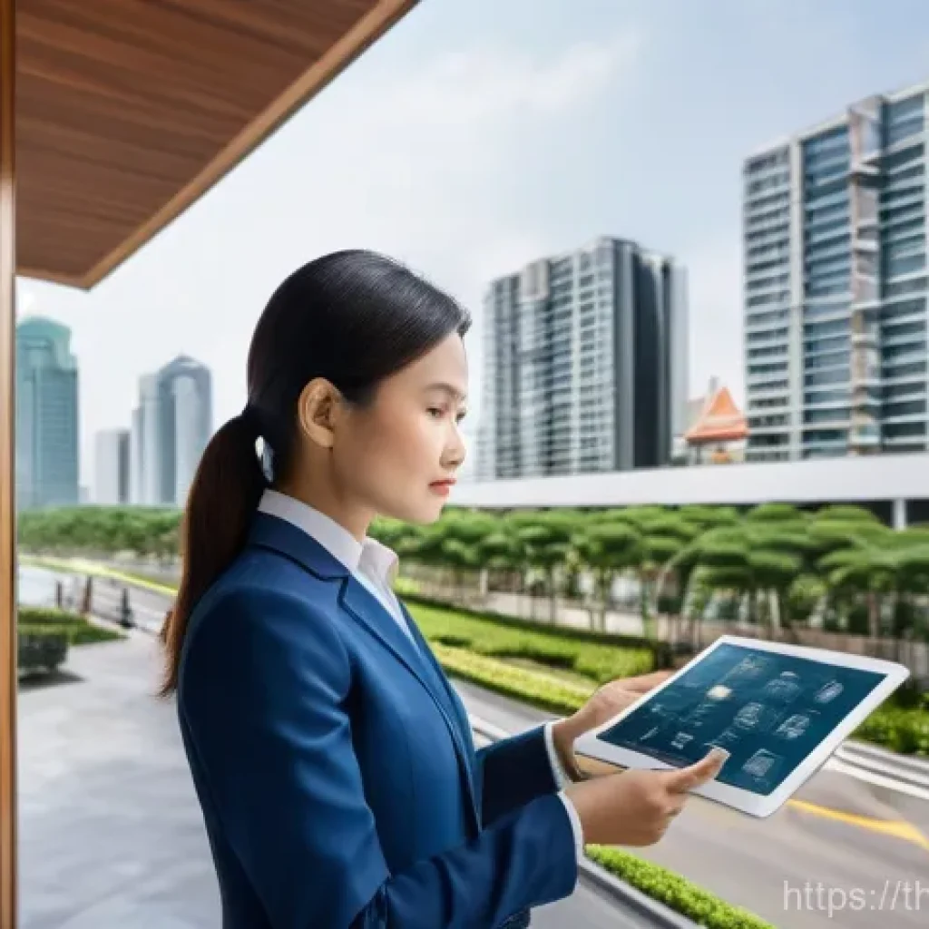건축평가 전문가의 커리어 로드맵 - A professional Thai real estate appraiser, a woman in her early 30s wearing a smart business suit, m...
