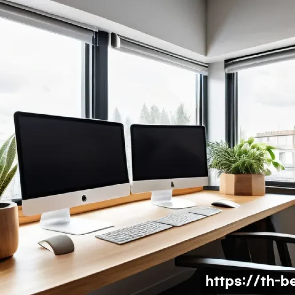 건축평가사로서 일과 삶의 균형 맞추기 - A modern architect&rsquo;s bright and organized workspace during daytime, featuring a large wooden desk wi...
