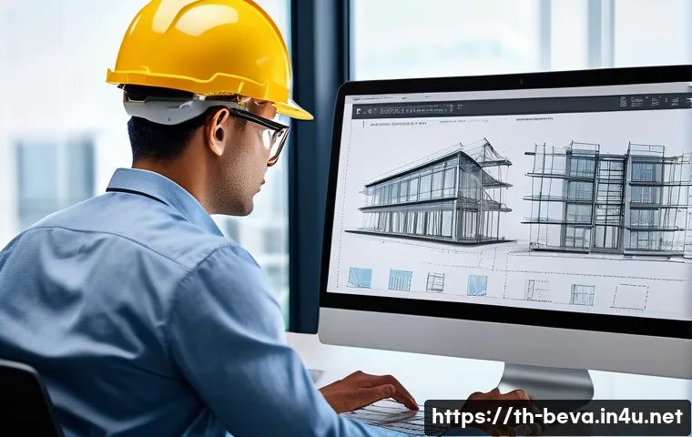 건축평가사의 직업적 성취를 극대화하는 방법 - A professional building inspector using advanced digital software on a sleek laptop, analyzing struc...