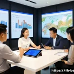 Home 21 건축평가사의 주요 고객군 분석 - A professional meeting scene in a modern Thai real estate office: a diverse group of project owners ...