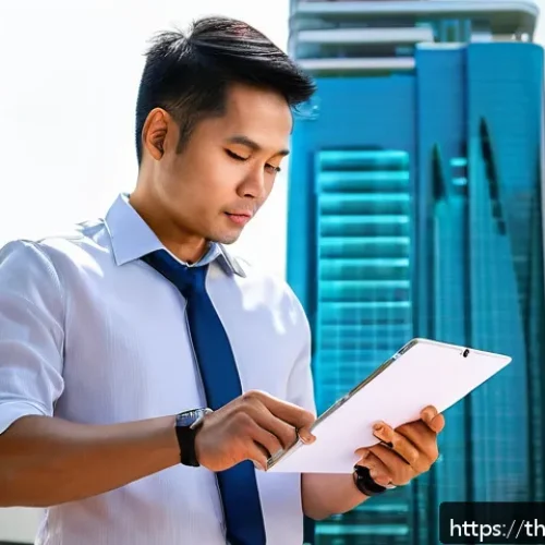 Home 32 건축평가사로서의 연차별 커리어 단계 - A professional Thai building appraiser in his early 30s wearing smart casual business attire, equipp...