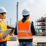 Home 19 건축평가 전문가가 알아야 할 최신 법률 - A detailed scene of a modern building construction site in Thailand, featuring engineers and inspect...