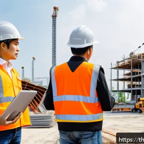 Home 31 건축평가 전문가가 알아야 할 최신 법률 - A detailed scene of a modern building construction site in Thailand, featuring engineers and inspect...