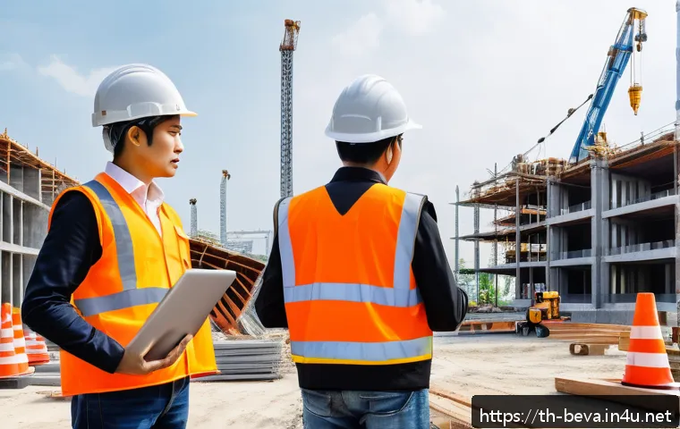 건축평가 전문가가 알아야 할 최신 법률 - A detailed scene of a modern building construction site in Thailand, featuring engineers and inspect...