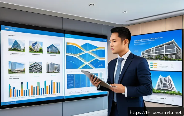 건축평가 전문가로서 신뢰를 쌓는 법 - A professional real estate appraiser in a modern Bangkok office, surrounded by architectural bluepri...