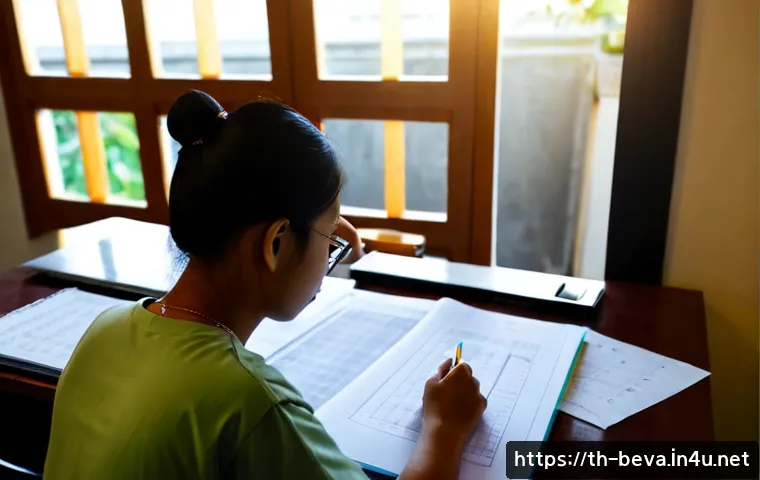 Home 17 건축평가사 시험 준비 꿀팁 - Photorealistic Thai architecture appraisal exam preparation scene, focused adult student at a clean ...